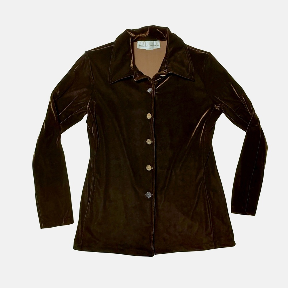 Michael Alexander Brown Velvet Button Up Shirt Medium Vintage Shoulder Pads
